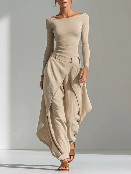 Boat Neck Long Sleeve Top and Wrap-Front Wide Leg Pants Set