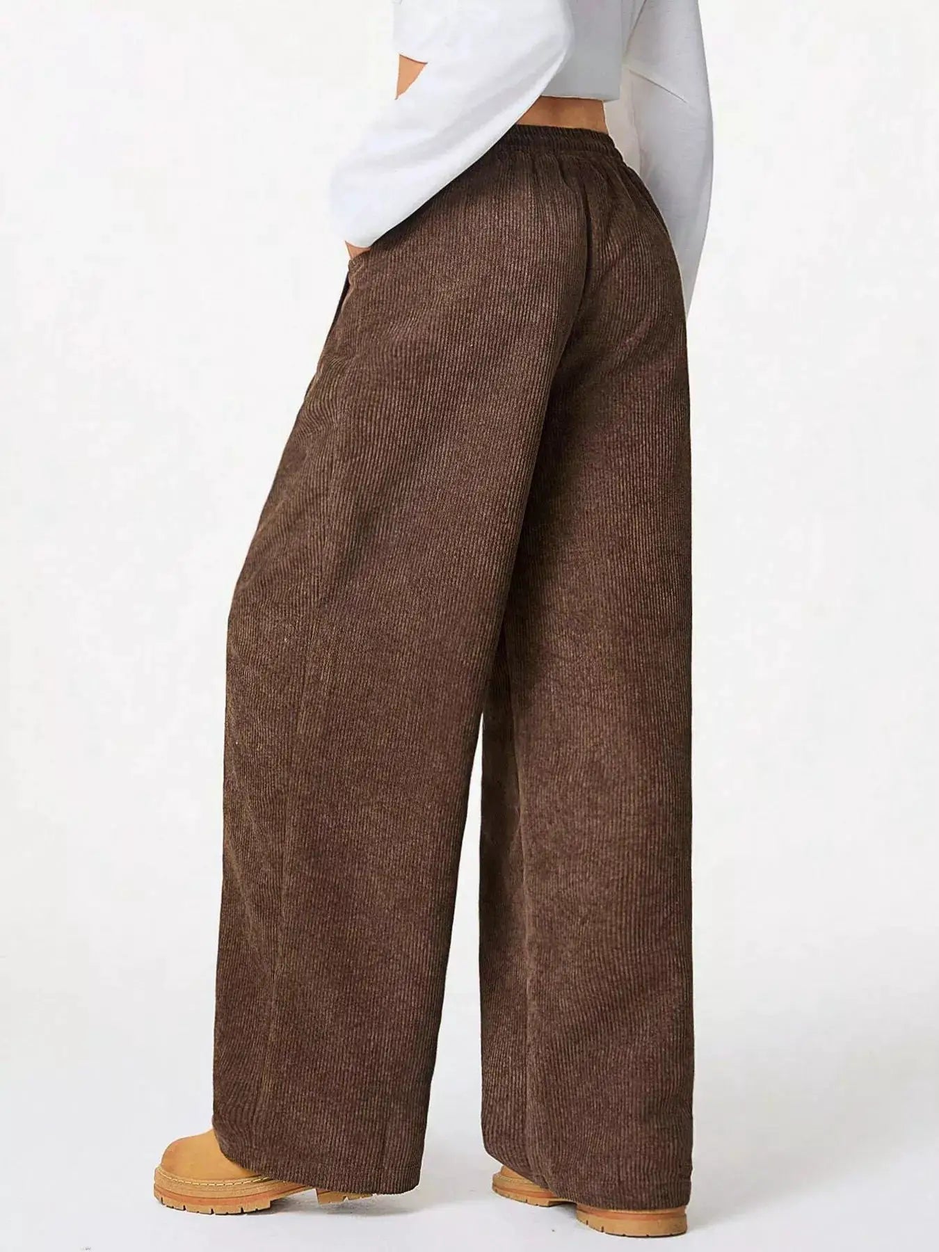 Casual Corduroy Wide Leg Pants by Belle Bijouix, brown with drawstring and pockets