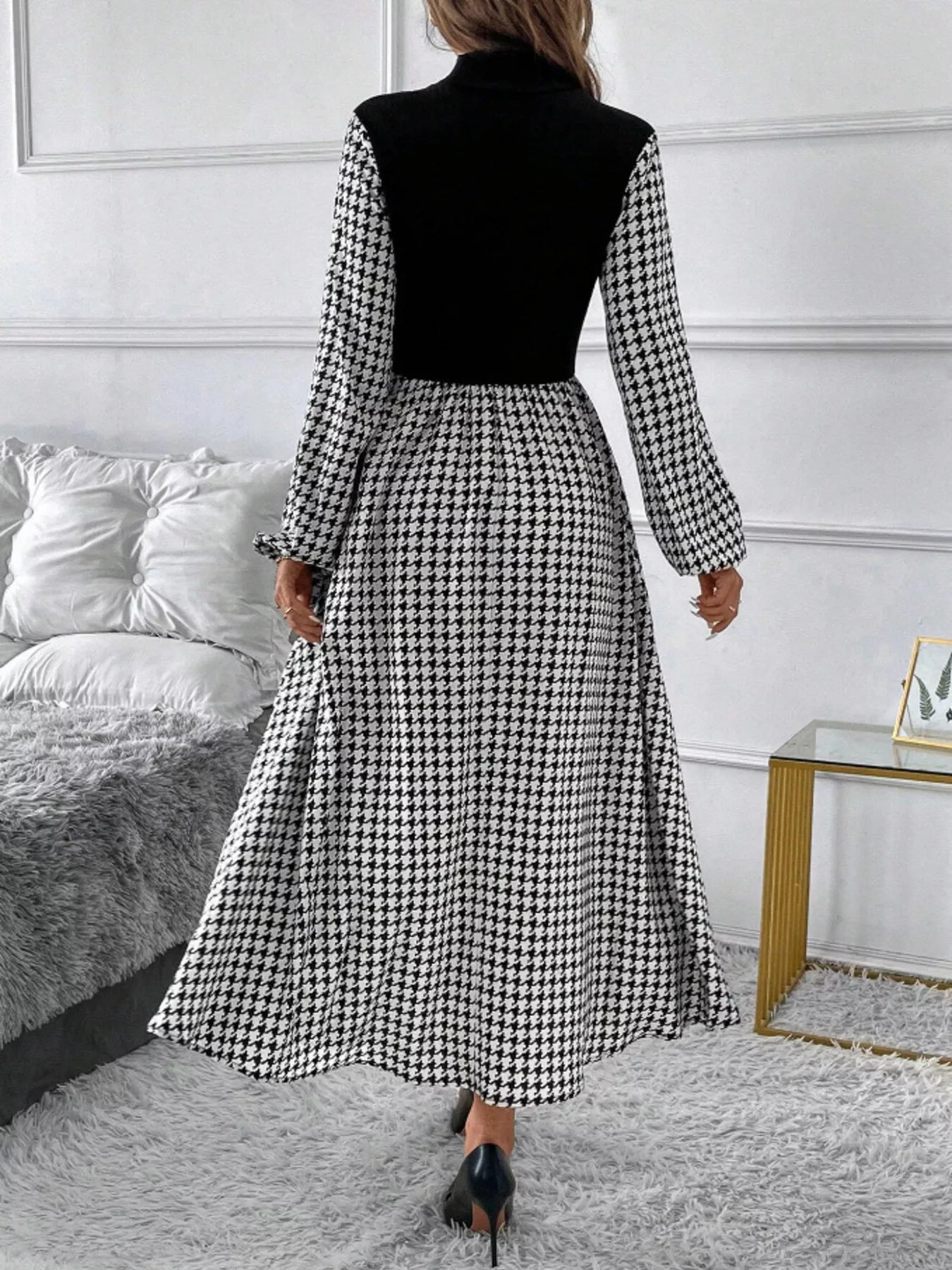 Houndstooth Mock Neck A-Line Dress with black bodice and long sleeves, full skirt