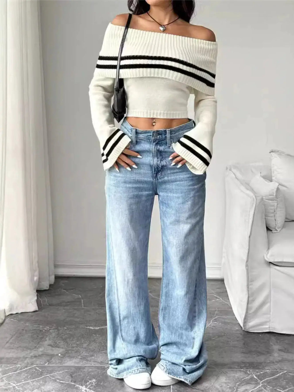 Ribbed Off-Shoulder Striped Knit Top, white with black stripes, cropped length