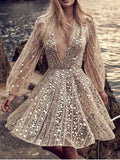 Sequin deep-V neck mini dress with sheer long sleeves in champagne gold