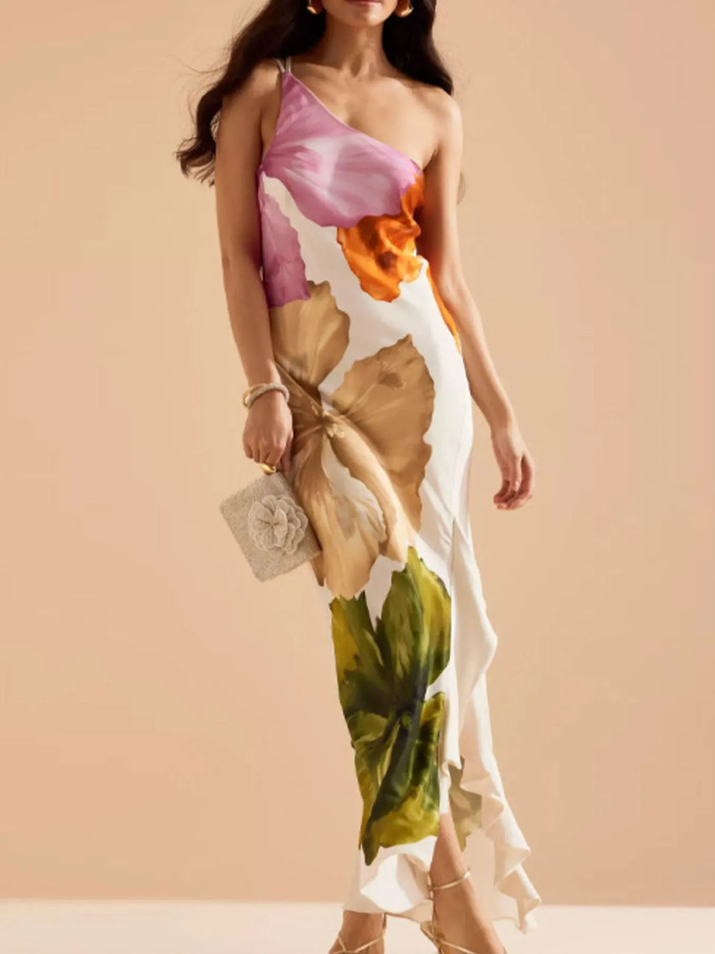 Floral Print Single-Shoulder Maxi Dress by Trendsi in pink, orange, white and green floral pattern