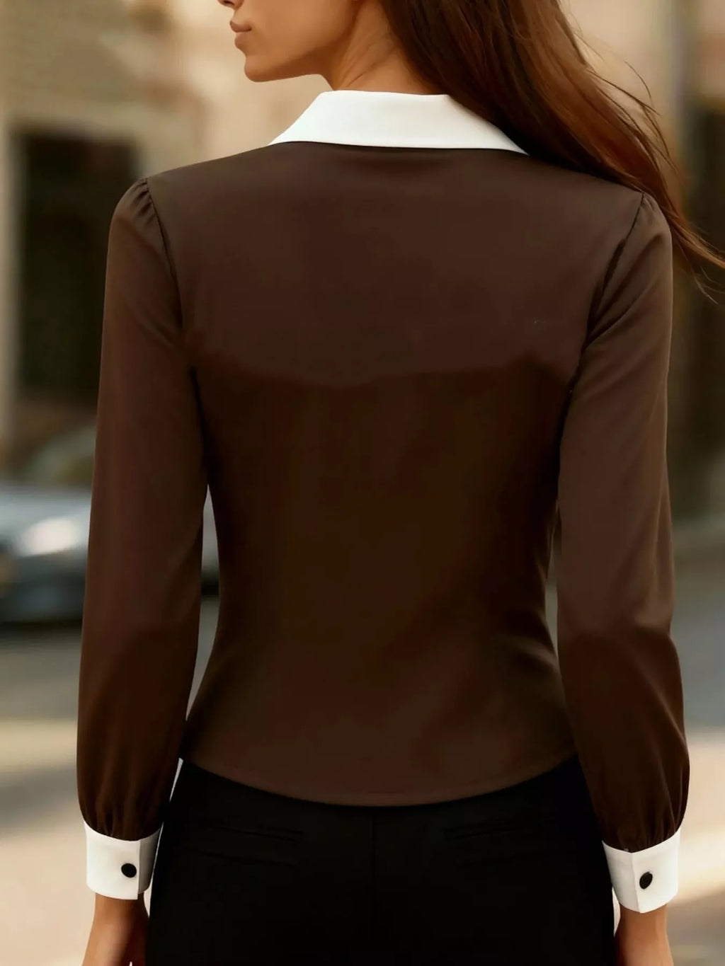 Contrast Button-Down Shirt by Belle Bijouix in brown with white collar and cuffs.