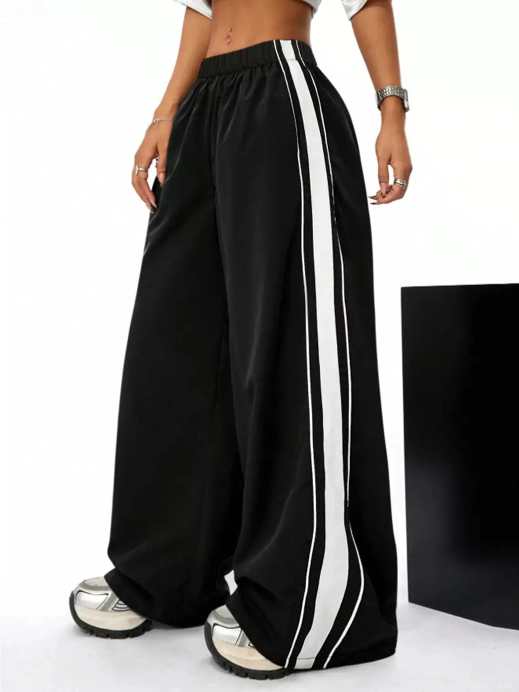 Wide Leg Striped Pants - black with white side stripes, elastic waistband, activewear