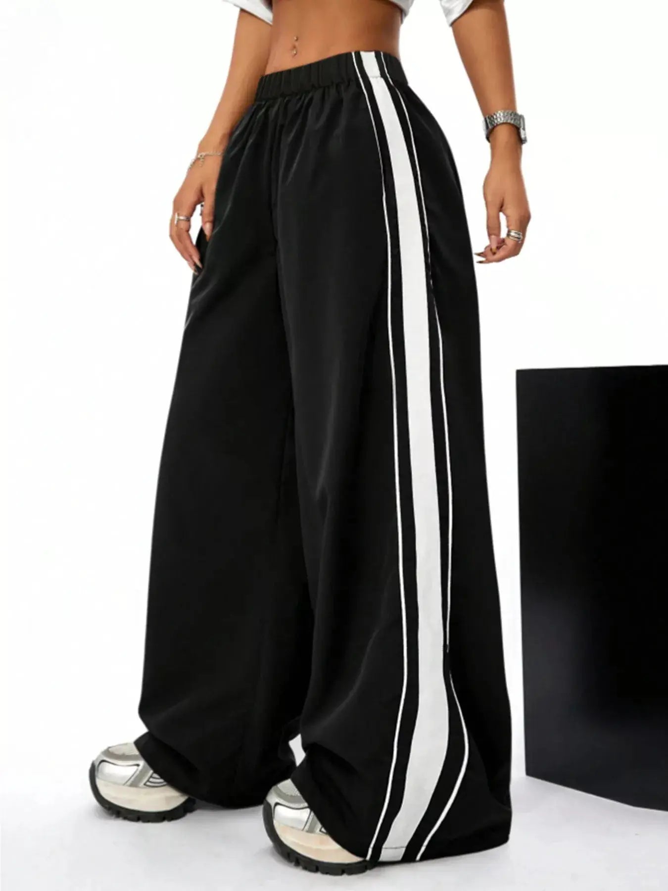 Wide Leg Striped Pants - black with white side stripes, elastic waistband, activewear