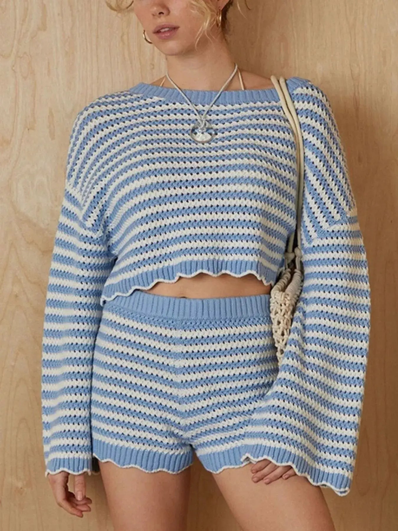 Scalloped Edges Striped Knit Top & Shorts Set in blue and white, crochet-knit, Trendsi