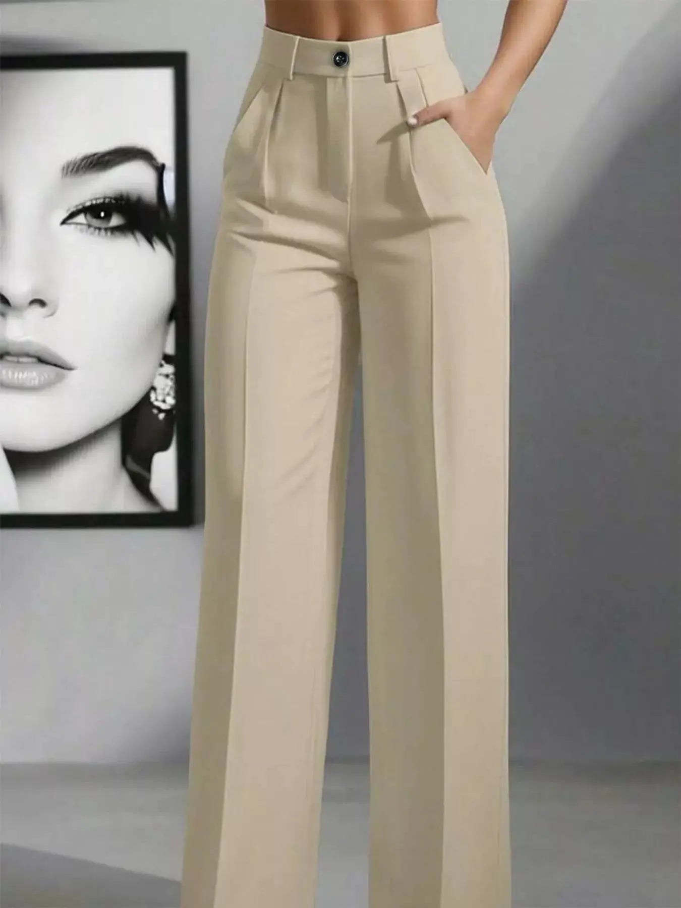 High-Waisted Wide-Leg Pants by Belle Bijouix beige with pockets and button closure