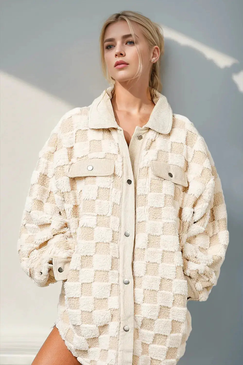 Double Take Button Up Fuzzy Checkered Shacket, cream beige, pocketed with button front