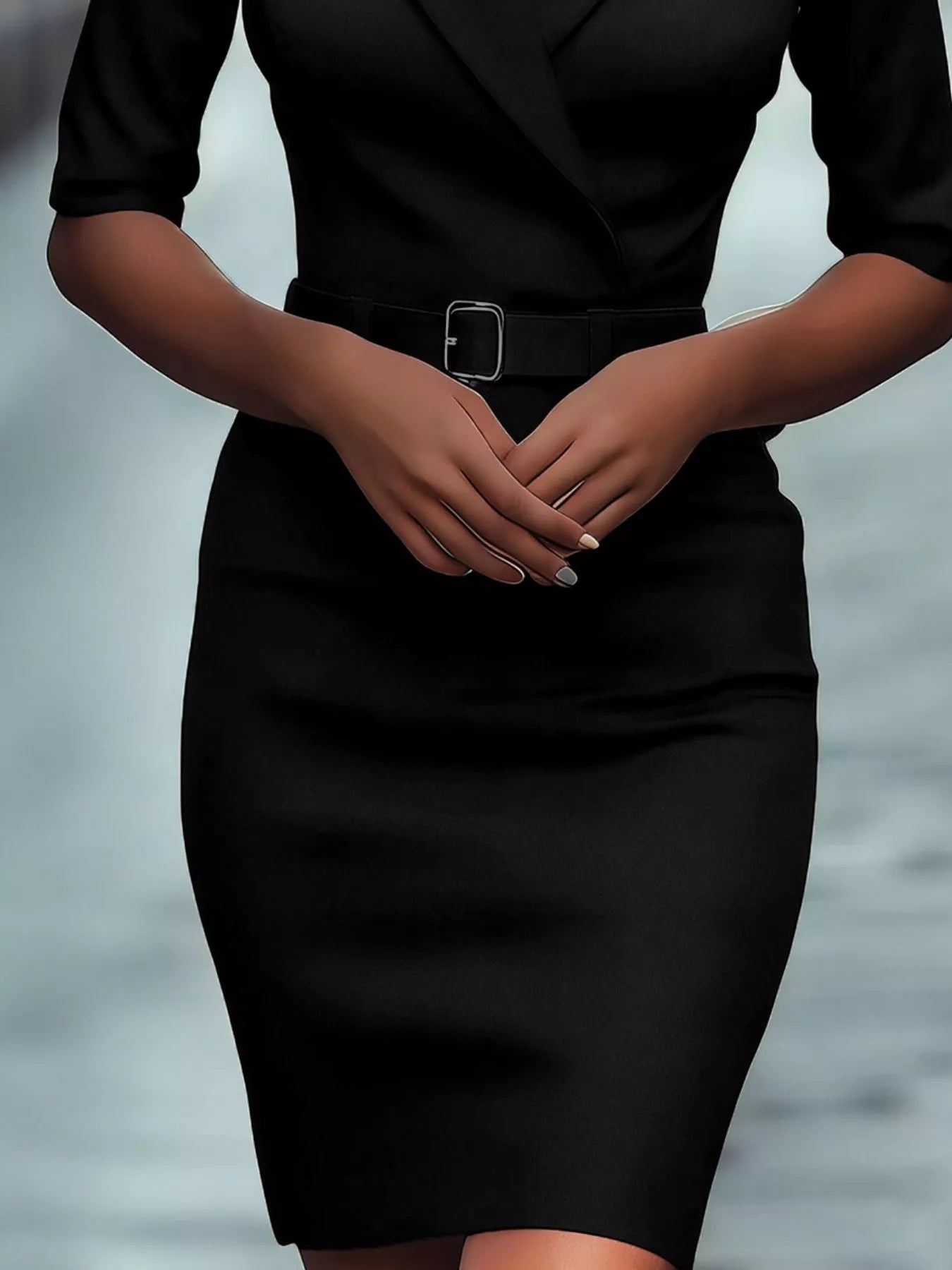 Surplice Half Sleeve Dress by Belle Bijouix, black belted waist.