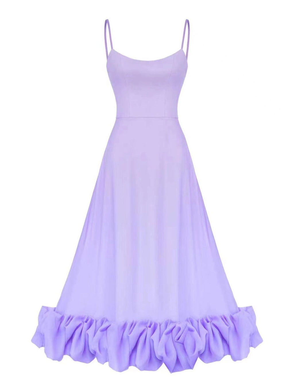 Ruffle Hem Scoop Neck Midi Dress in lavender by Trendsi; spaghetti straps and a flowing, ruffled hem.