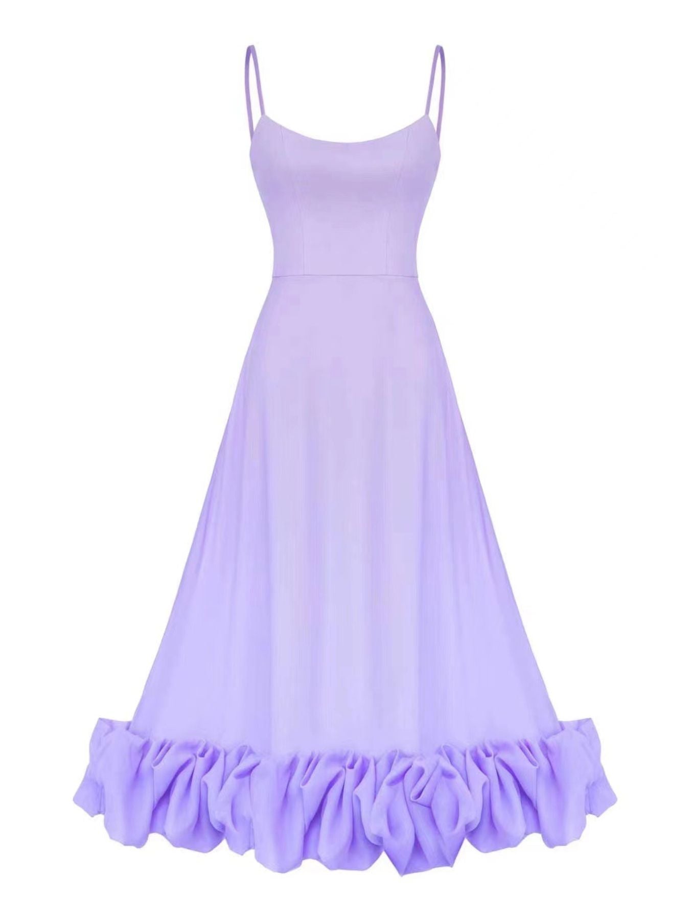 Ruffle Hem Scoop Neck Midi Dress in lavender by Trendsi; spaghetti straps and a flowing, ruffled hem.