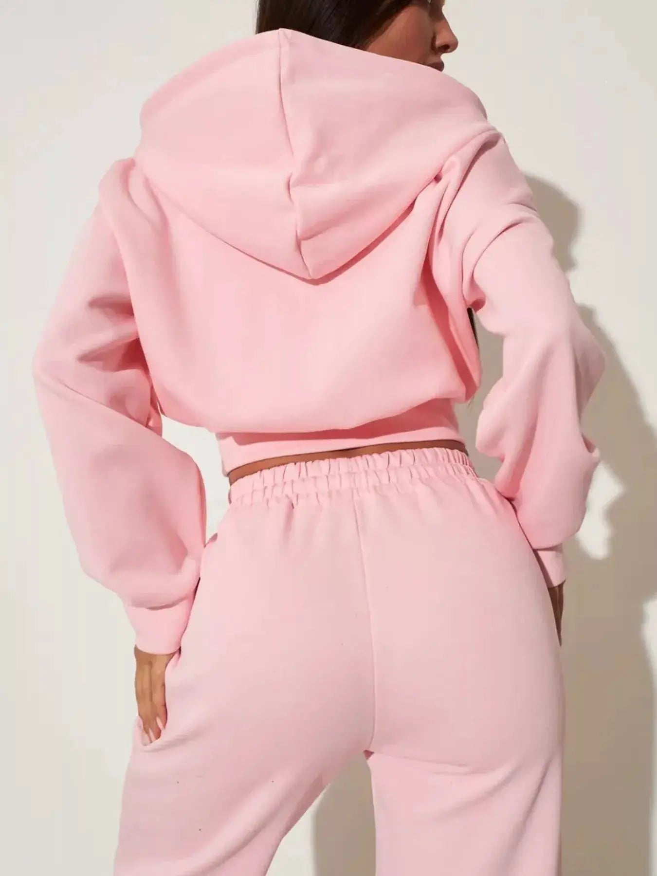 Zip-Up Hoodie & Wide-Leg Pants Set, pink women's loungewear with elastic waistband