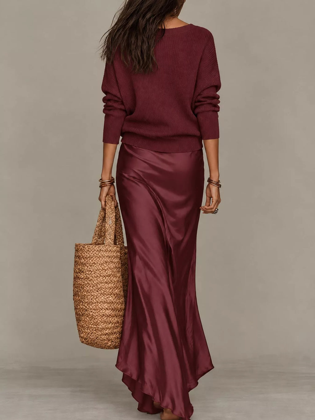 V-Neck Sweater & Satin Slip Maxi Dress Set in Burgundy by Belle Bijouix – view 23 of 41