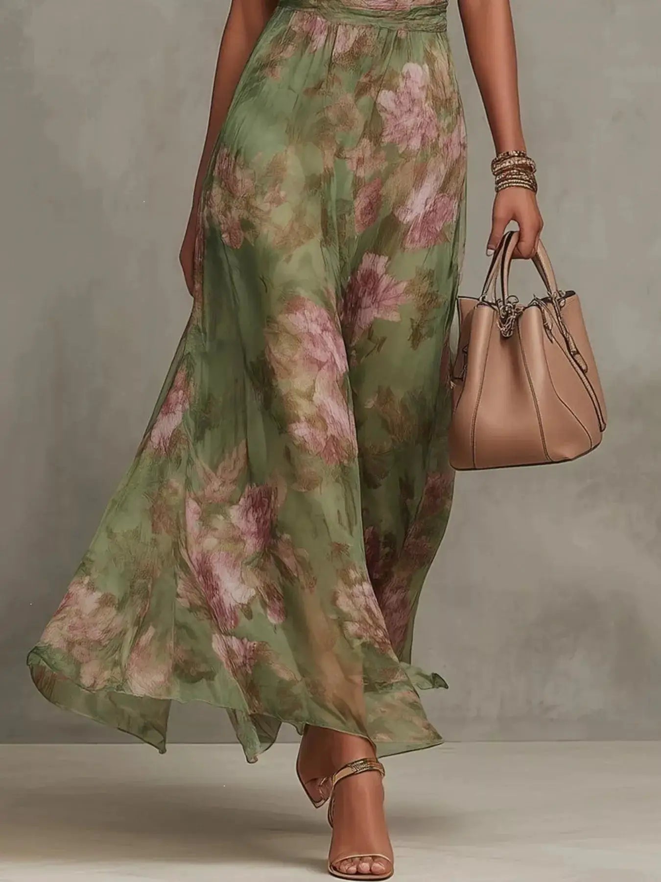 Full Size Floral Print Sleeveless Maxi Dress Plus Size in green and pink chiffon, shown with tan handbag