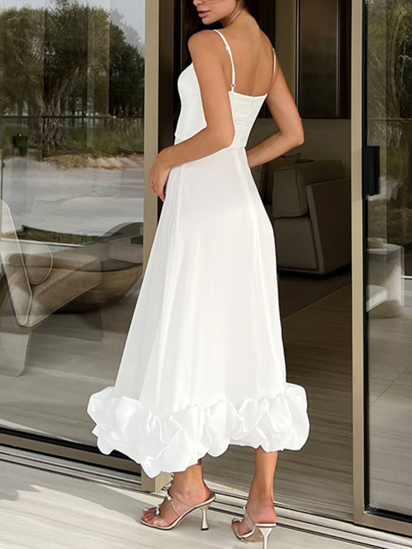 Ruffle Hem Scoop Neck Midi Dress in white by Trendsi