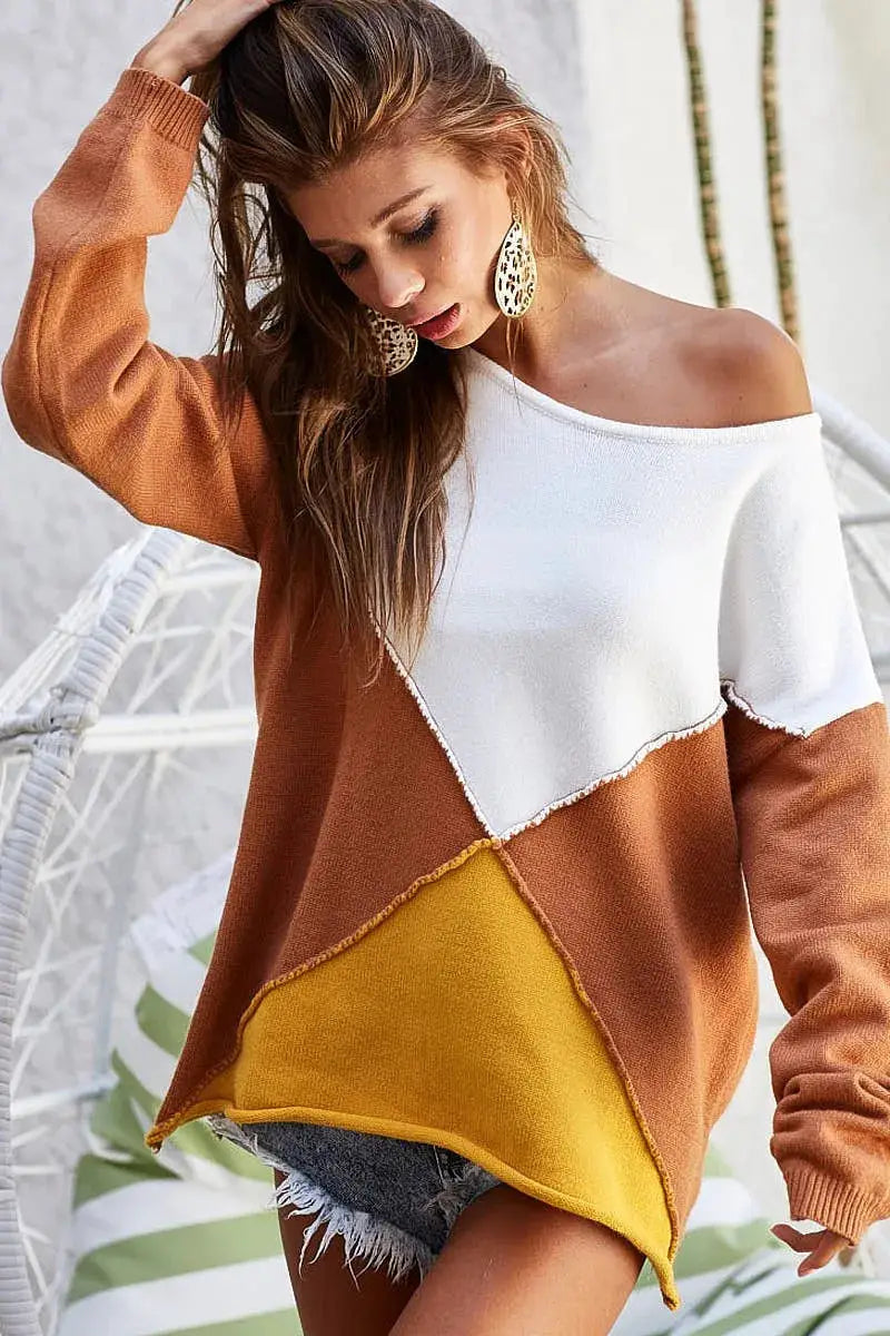 BiBi Color Block Geometric Sweater top by Belle Bijouix in white, rust, and mustard color blocks