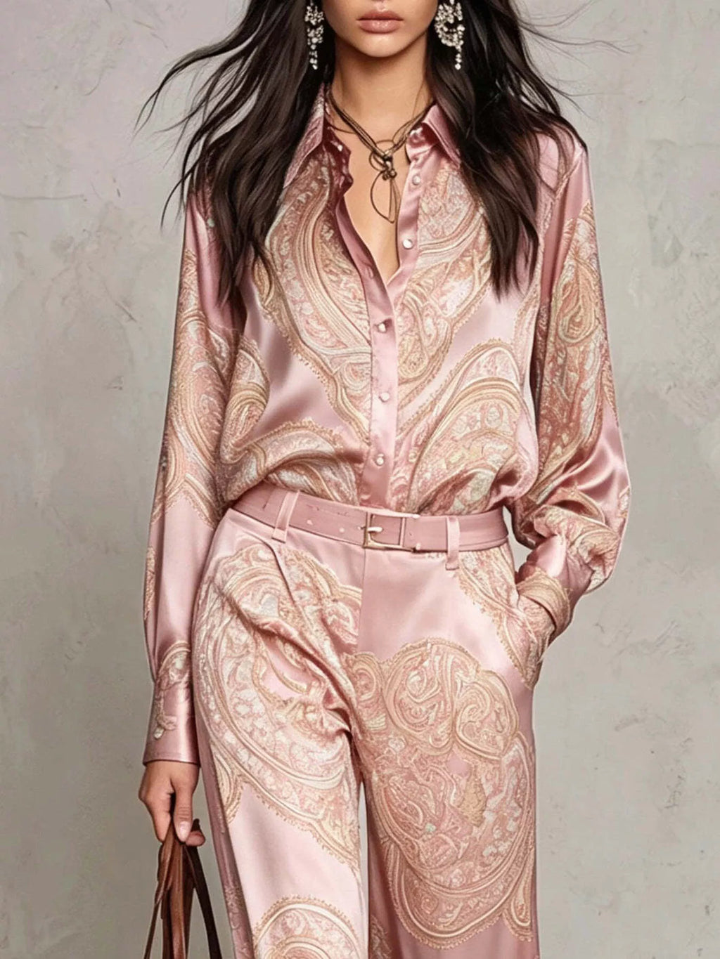 Close-up of blush pink paisley button-front shirt and matching pants waist