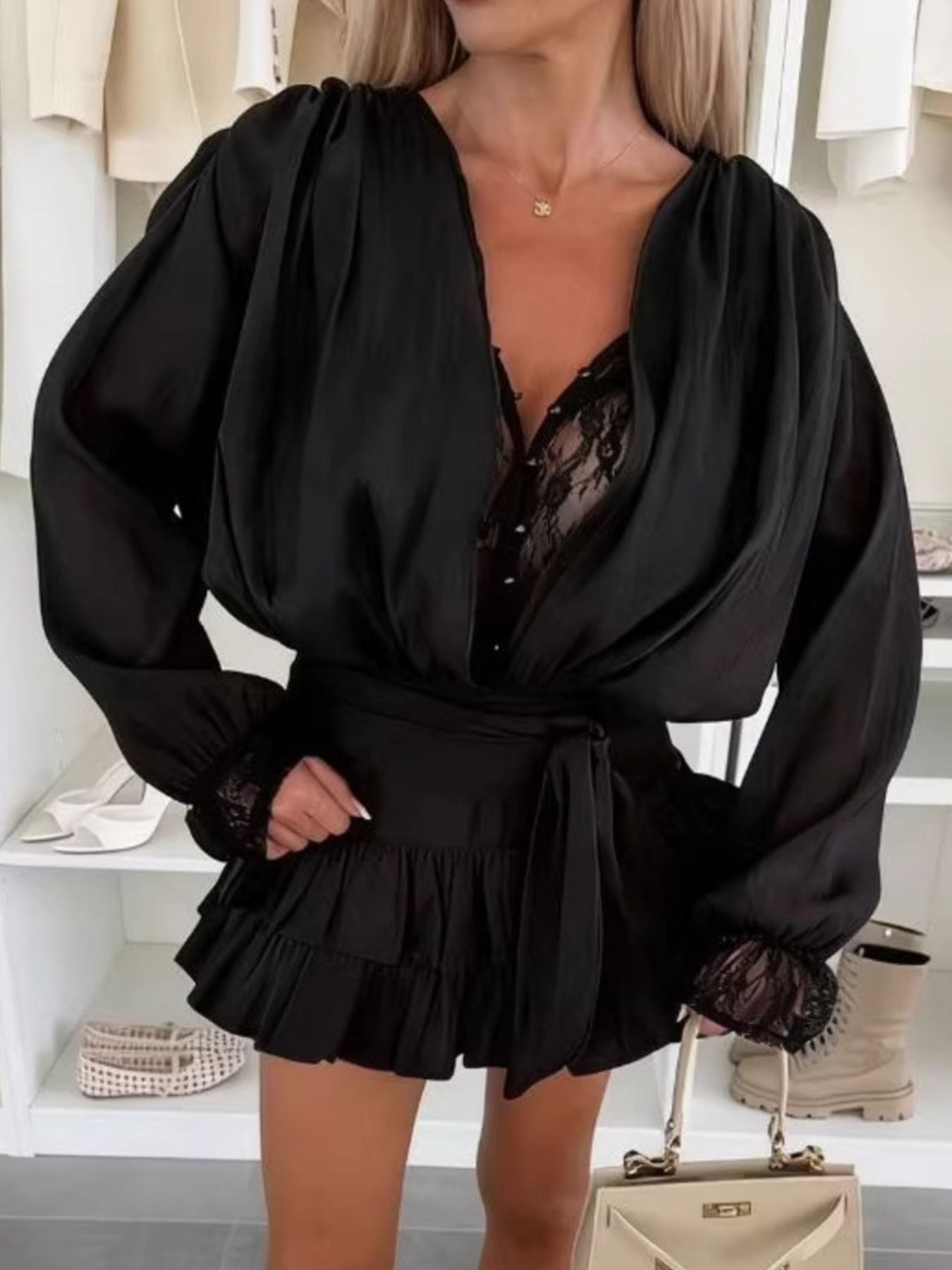 Lace Long Sleeve Dress with Short Liner by Belle Bijouix, black with lace bodice and sheer puff sleeves