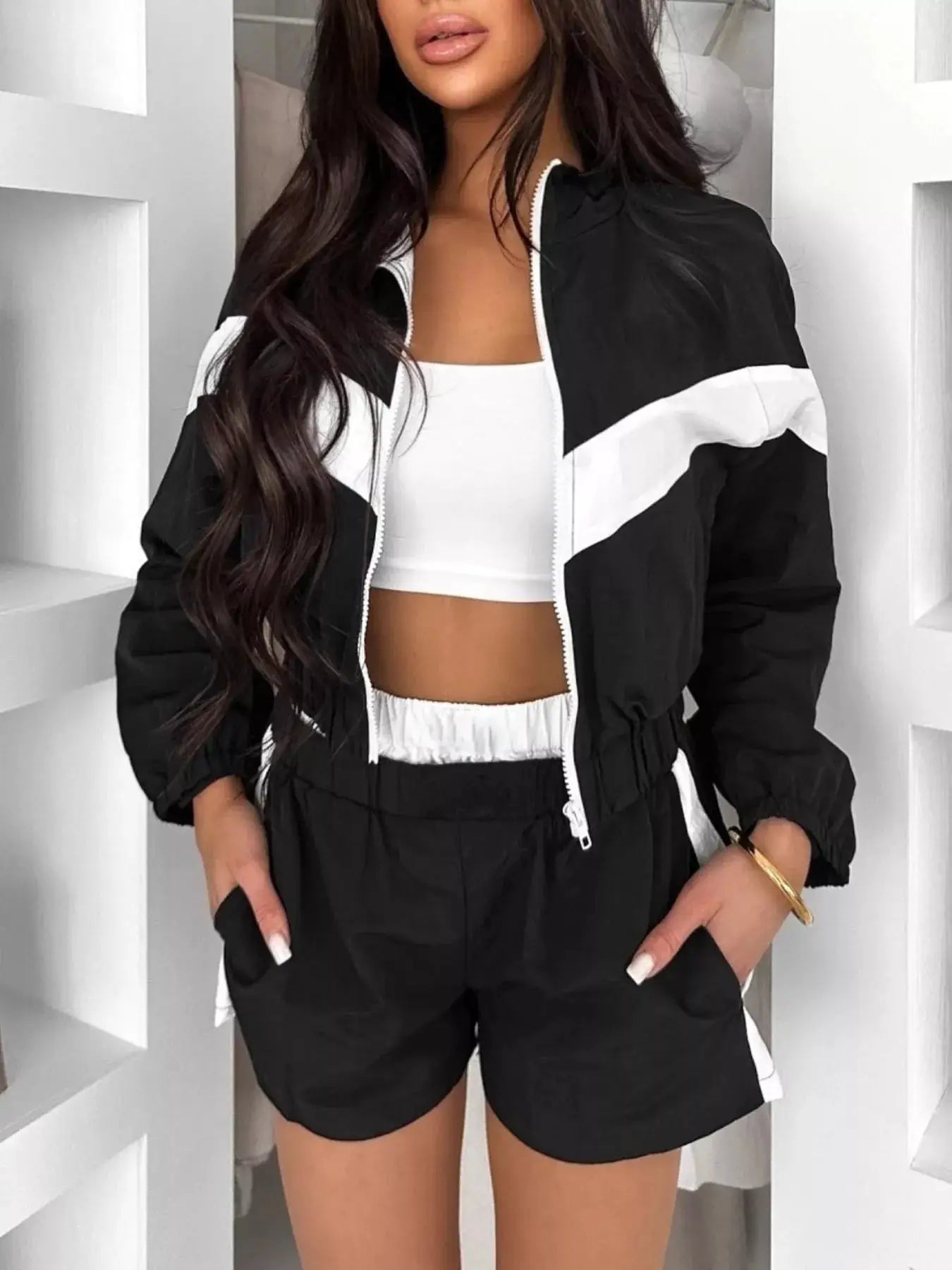 Zip-Up Long Sleeve Outerwear & Shorts Set, two-piece Bellebijouix active wear in black with white accents