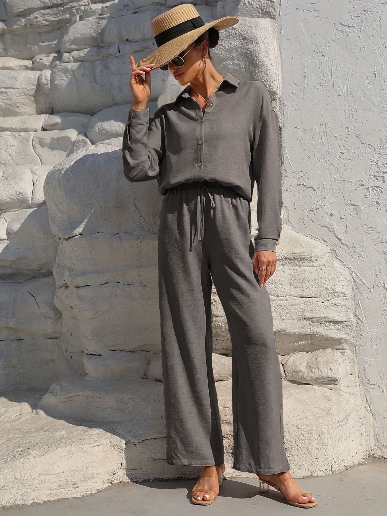 Button Up Long Sleeve Shirt and Pants Set in gray; relaxed-fit loungewear with drawstring waist.