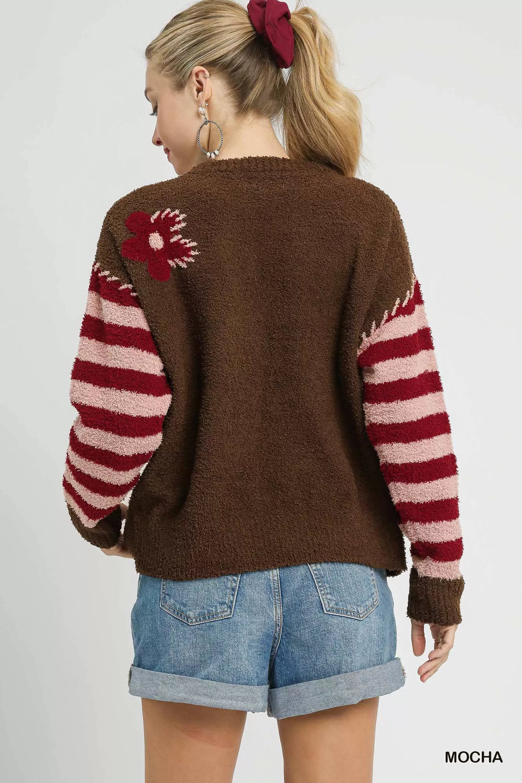 Umgee Flower Jacquard Striped Long Sleeve Sweater, brown fuzzy knit with pink-red striped sleeves and floral back detail