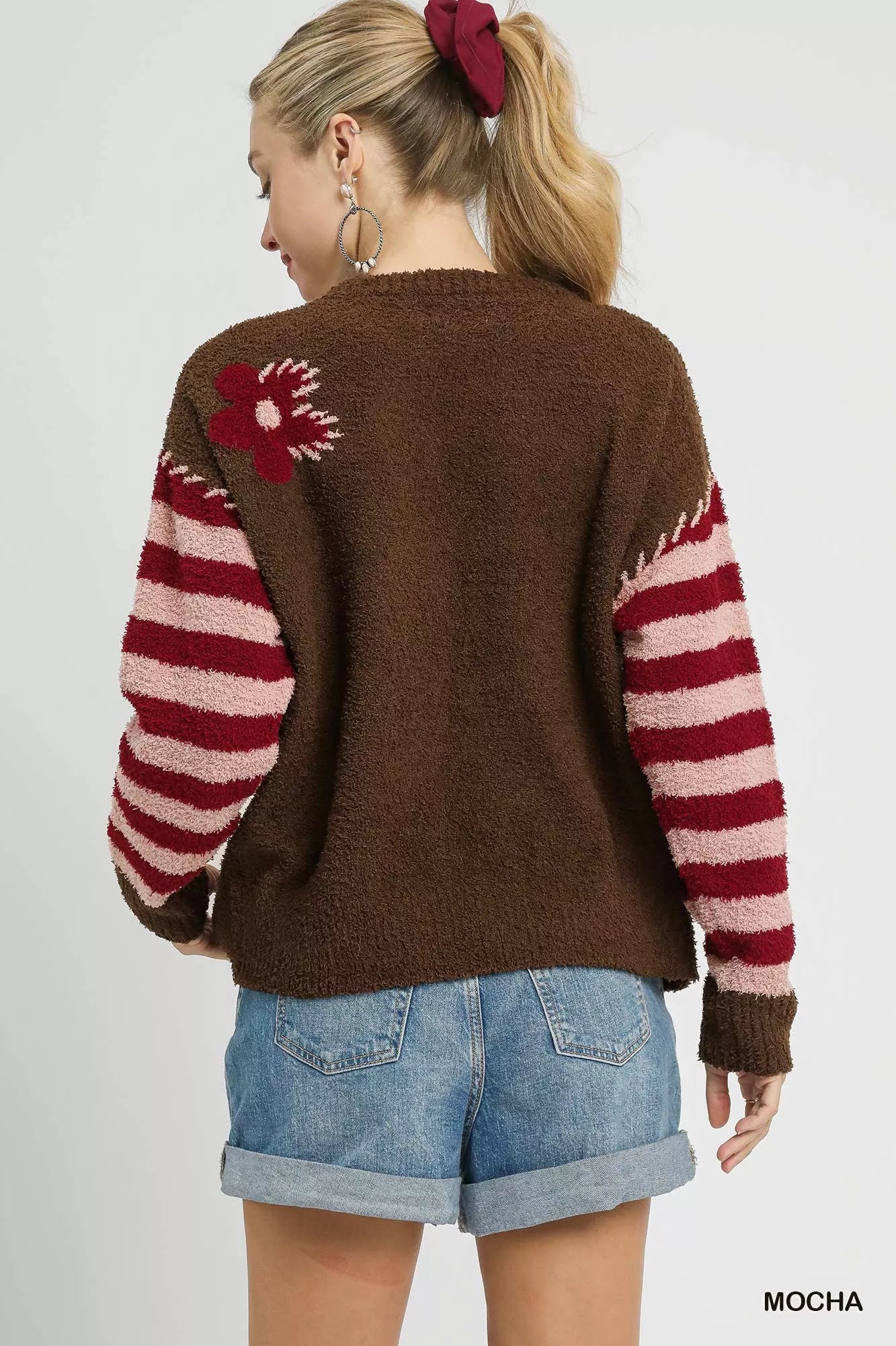 Umgee Flower Jacquard Striped Long Sleeve Sweater, brown fuzzy knit with pink-red striped sleeves and floral back detail