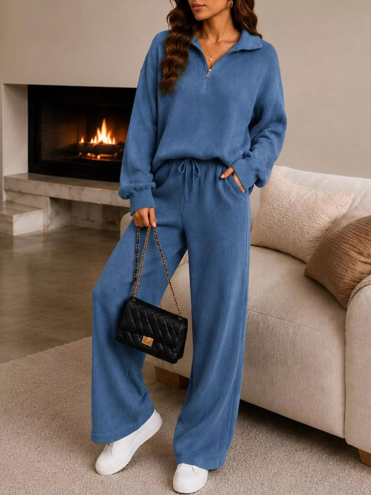 Ribbed Knit Quarter-Zip & Wide-Leg Pants Set by Belle Bijouix – view 3 of 16