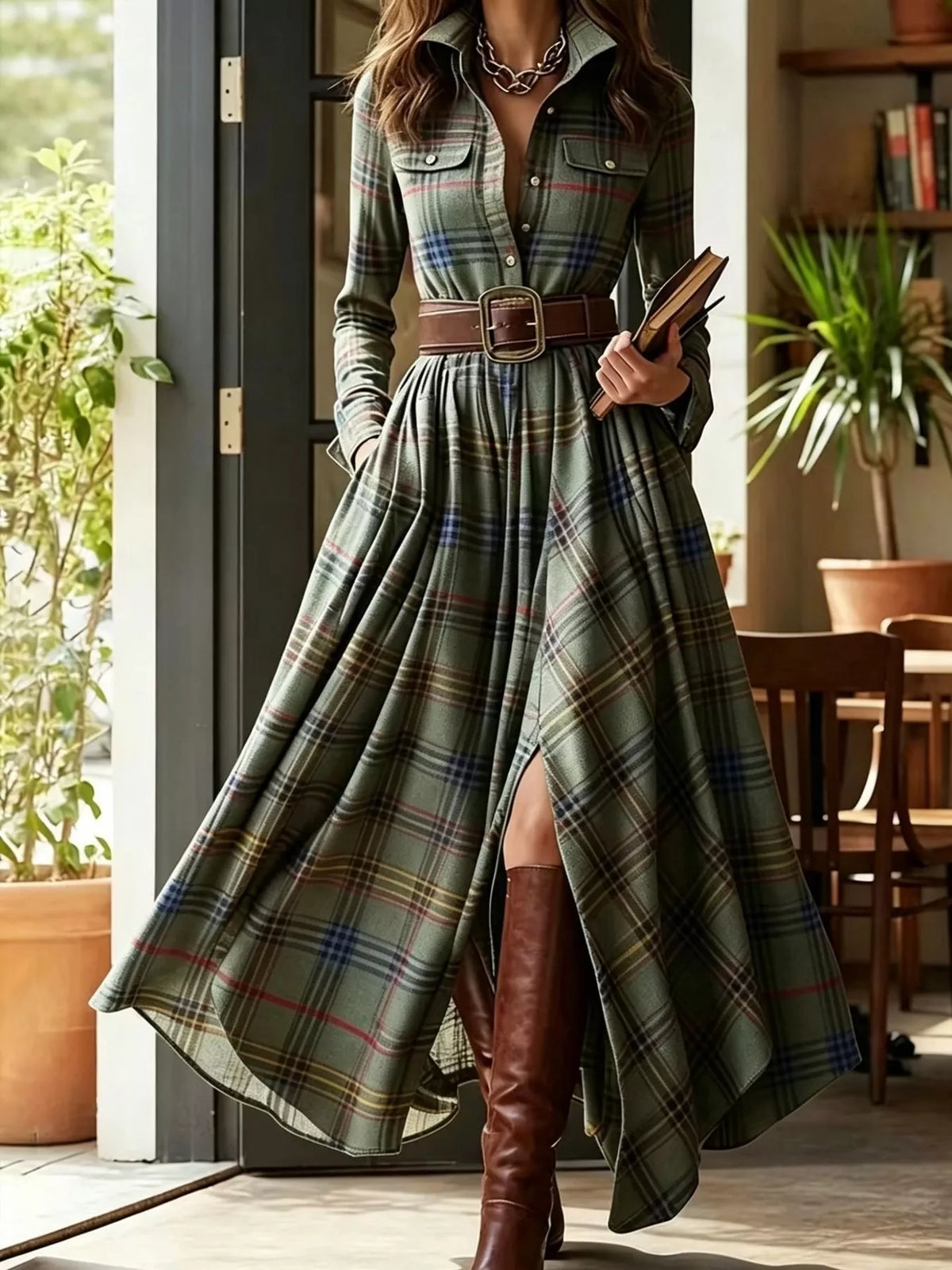 Belted Plaid Button-Down Maxi Shirt Dress in Mint Green Plaid by Belle Bijouix – view 24 of 27