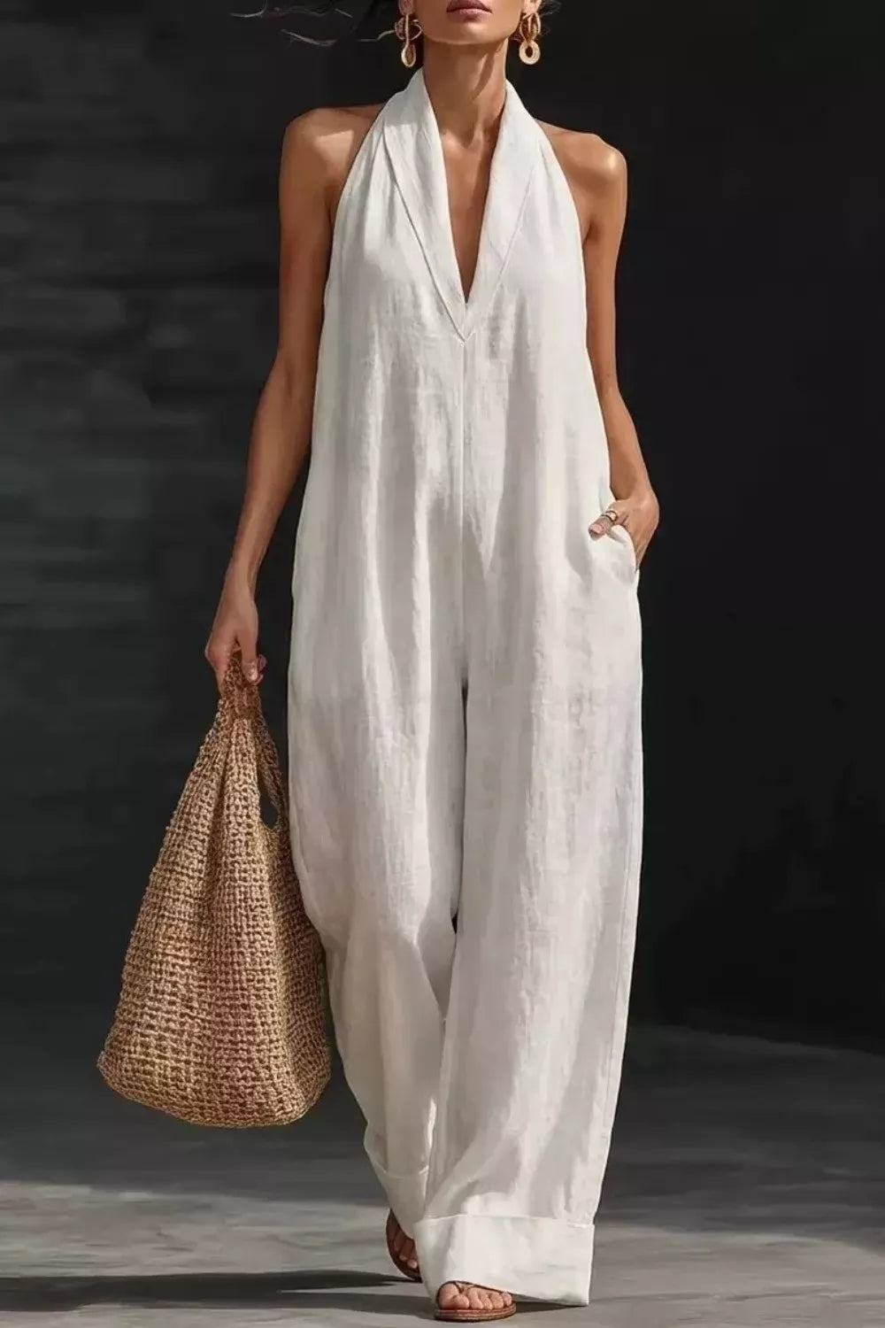 Sleeveless white linen wide-leg jumpsuit with halter neckline; model carries a woven straw tote.