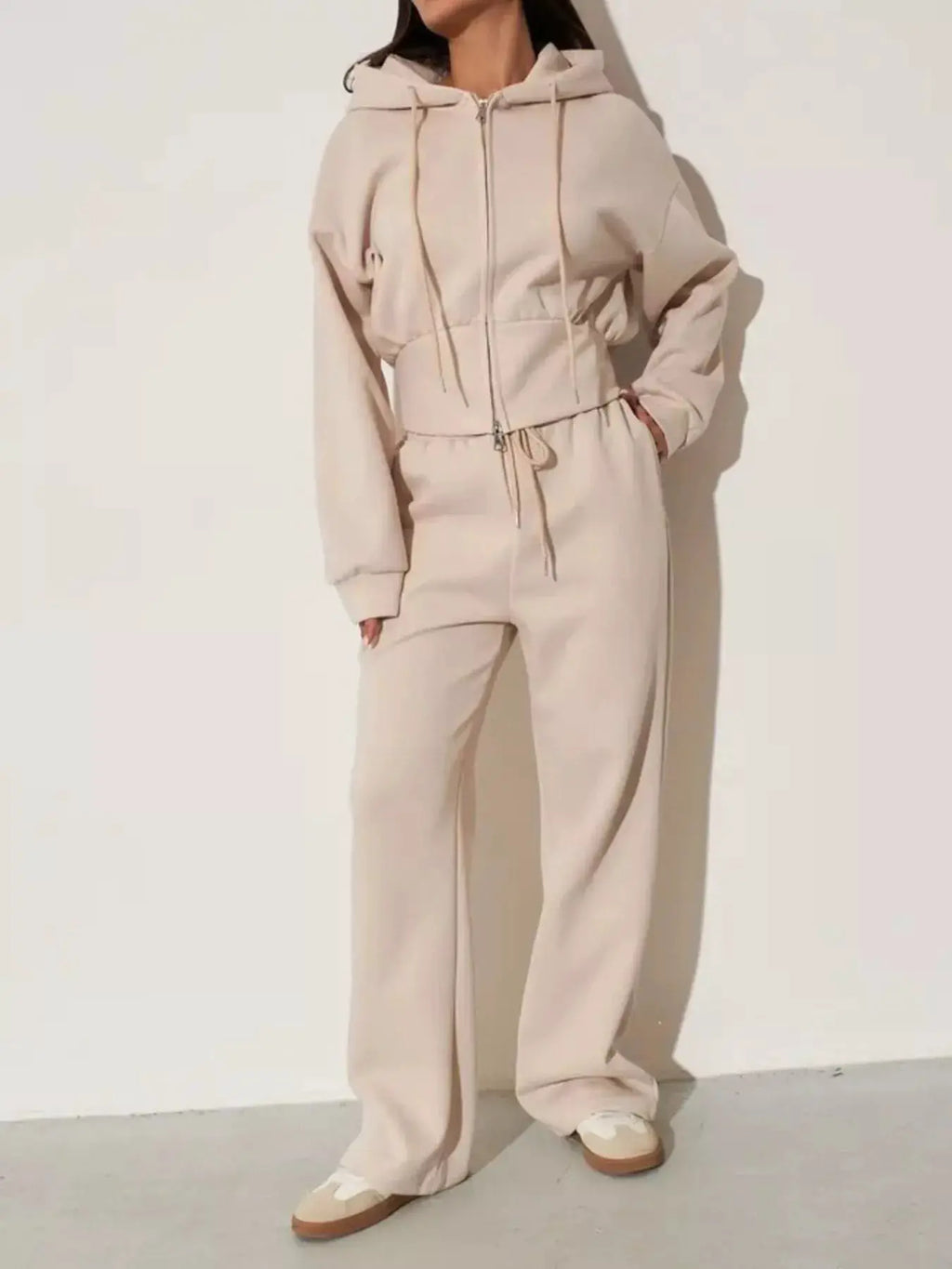 Zip-Up Hoodie & Wide-Leg Pants Set for Women in beige, two-piece loungewear by Belle Bijouix
