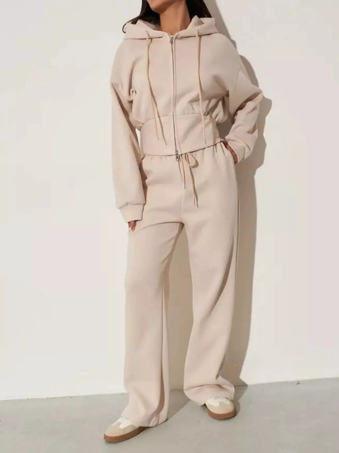 Zip-Up Hoodie & Wide-Leg Pants Set for Women in beige, two-piece loungewear by Belle Bijouix