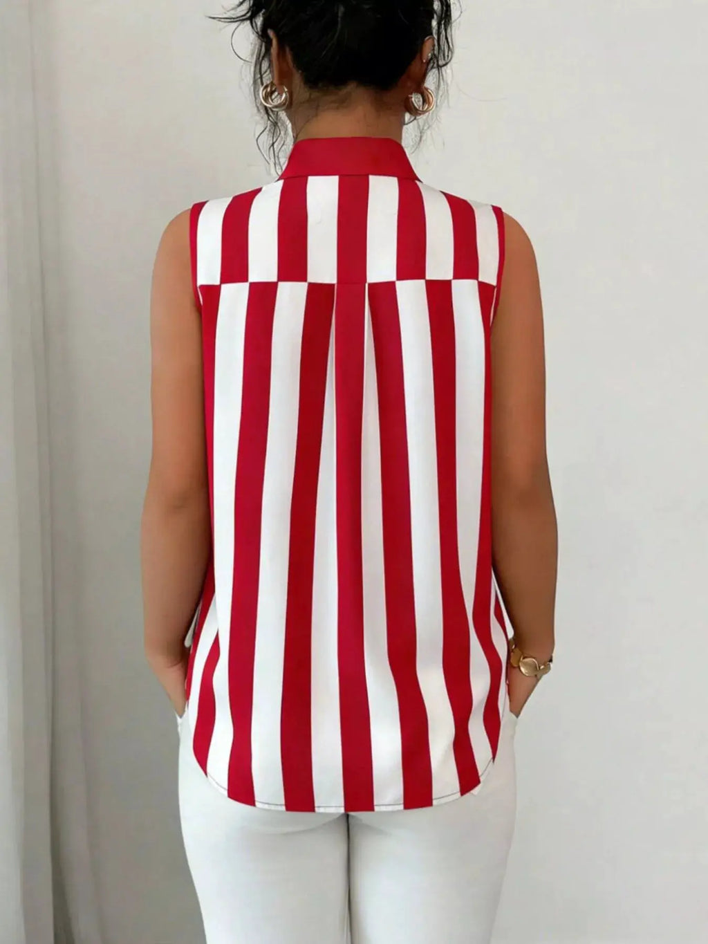Button Up Sleeveless Shirt by Belle Bijouix featuring red and white vertical stripes