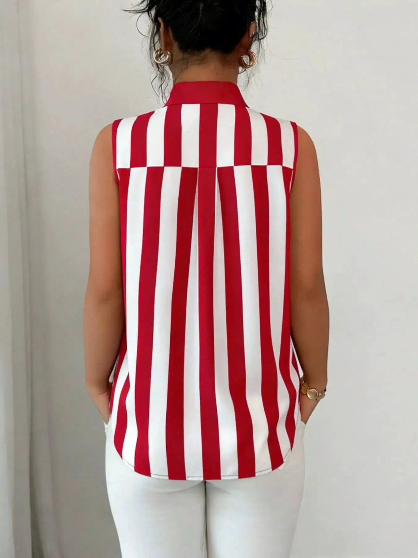 Button Up Sleeveless Shirt by Belle Bijouix featuring red and white vertical stripes