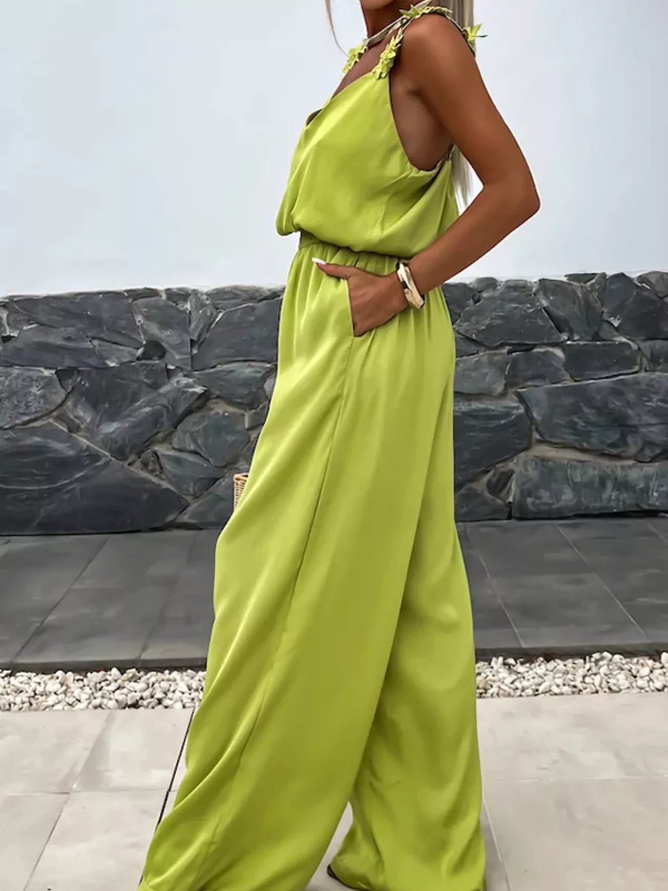 Jumpsuit floral applique V-neck wide-leg in lime green by Trendsi