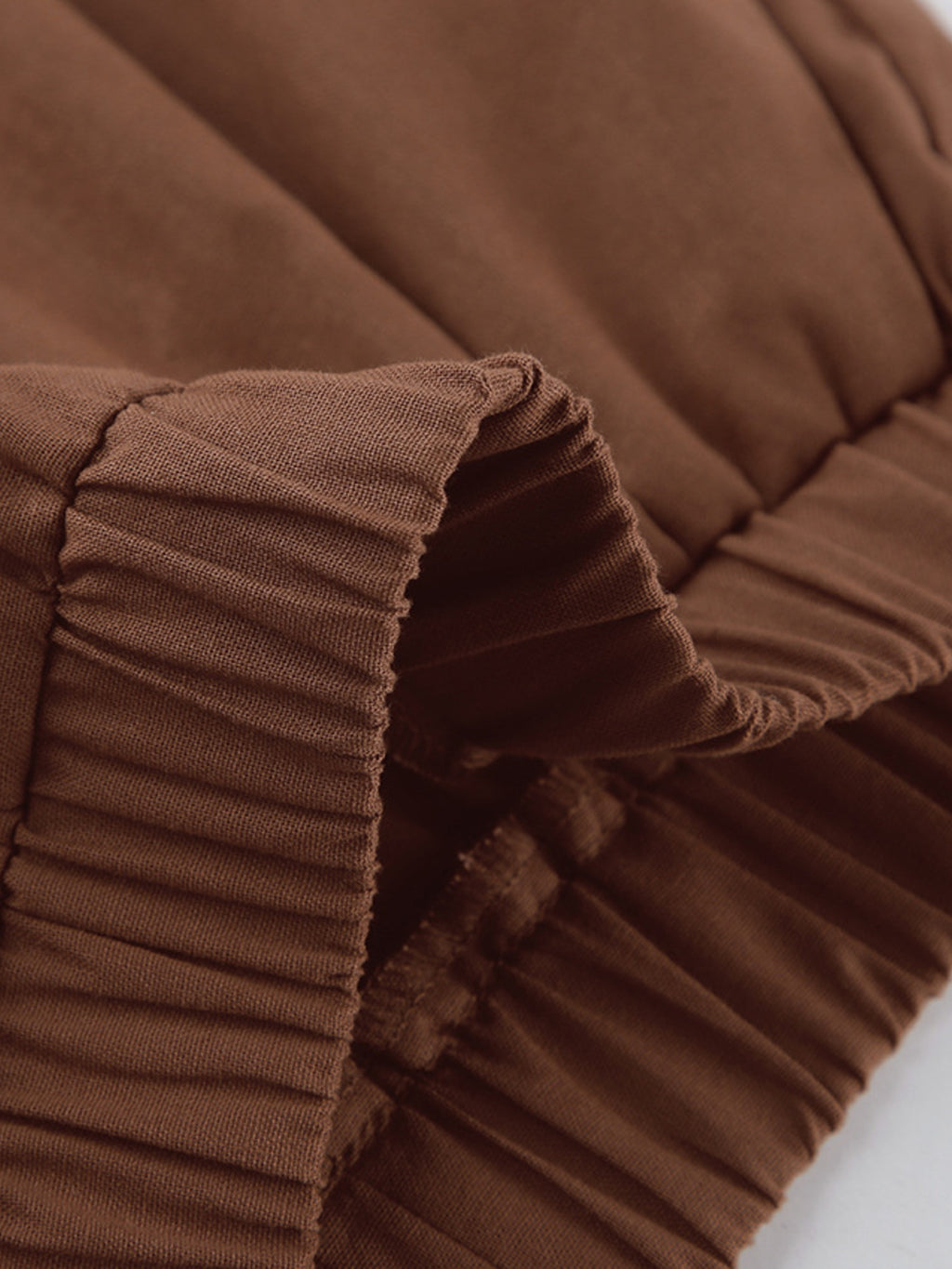 One-Shoulder Top and Shorts Set in brown ruched fabric