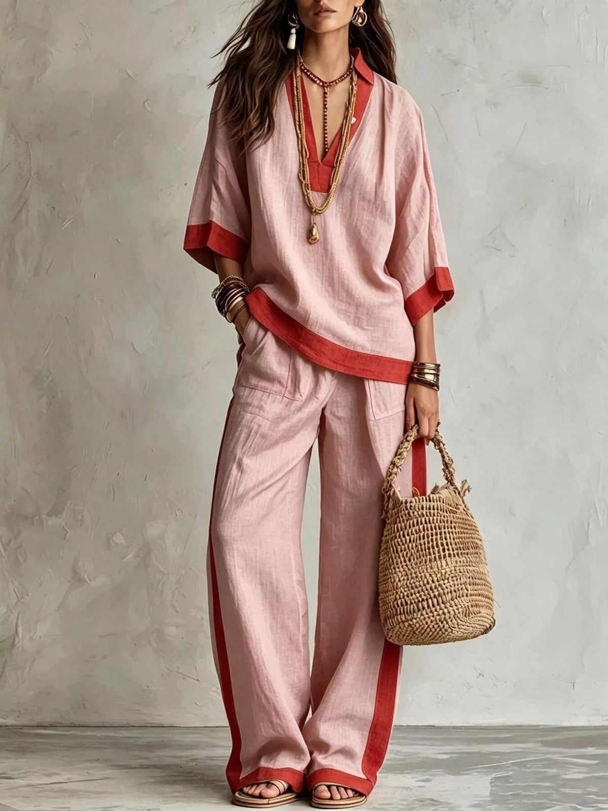 Contrast-Trim Top and Wide-Leg Pants Set