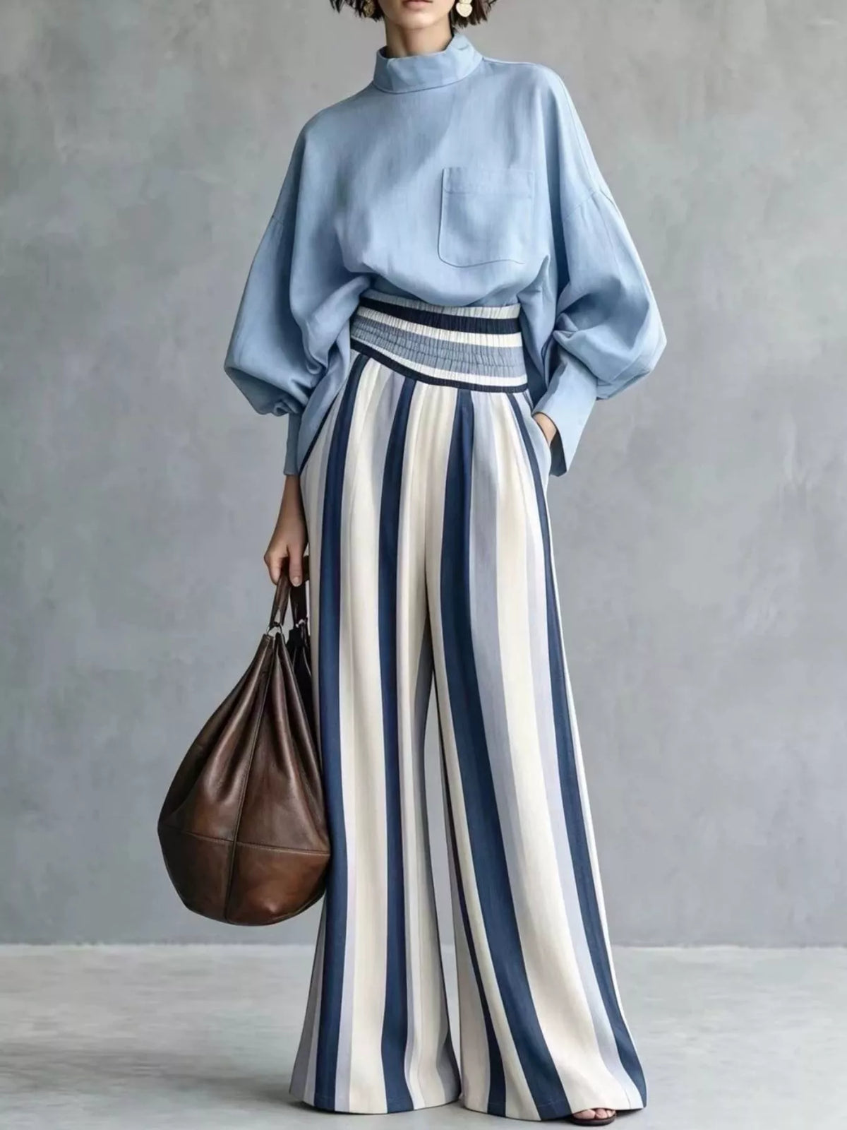 Mock Neck Blouse & Striped Wide-Leg Pants Set in Sky Blue by Belle Bijouix – view 7 of 12