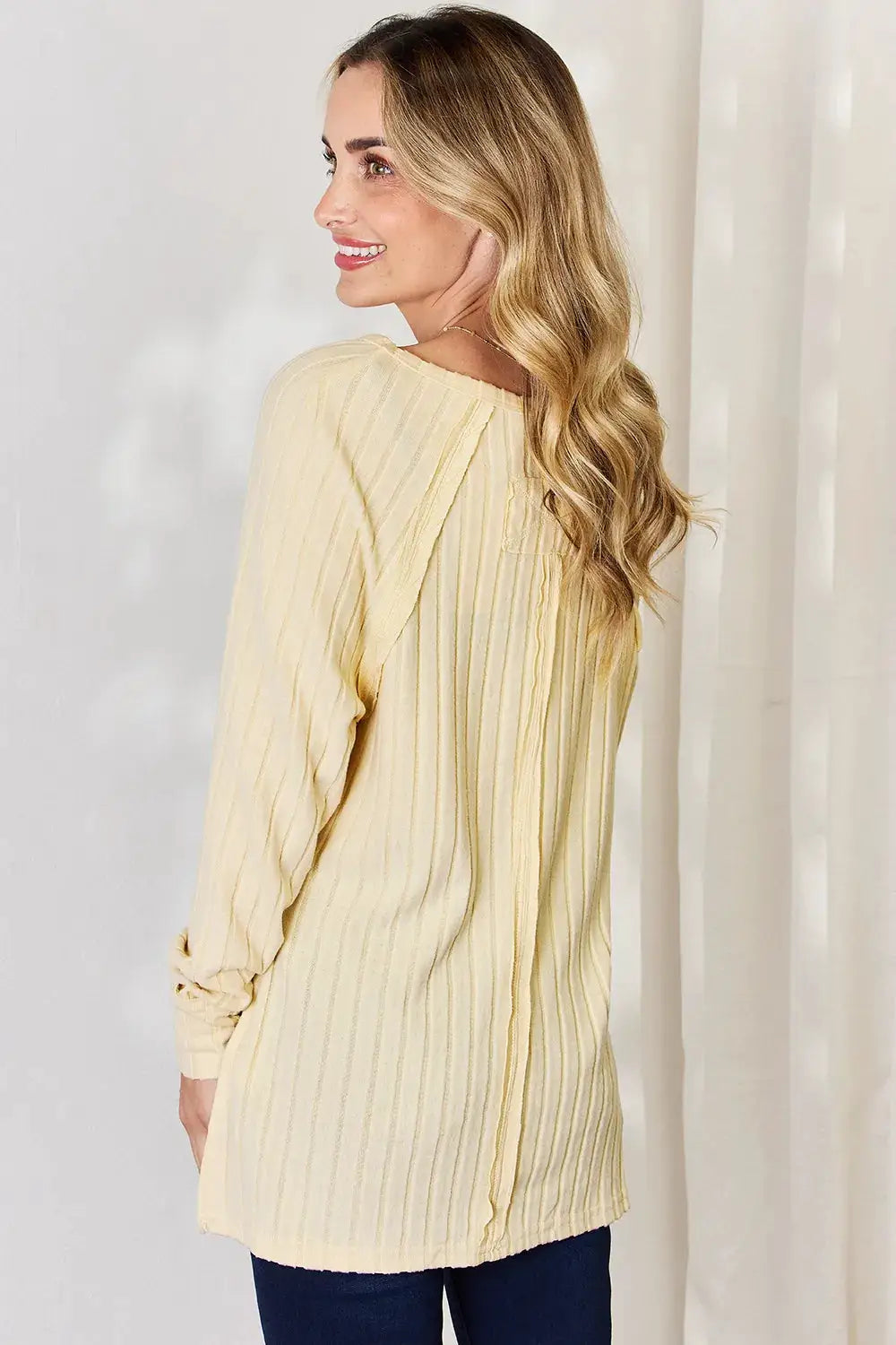 Basic Bae Full Size Ribbed Round Neck Slit T-Shirt in cream