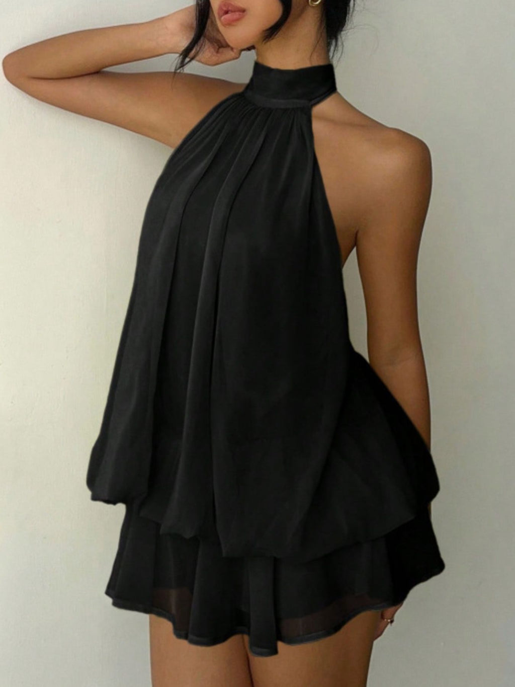 Halter Neck Layered Mini Dress by Bellebijouix in black; tiered silhouette.