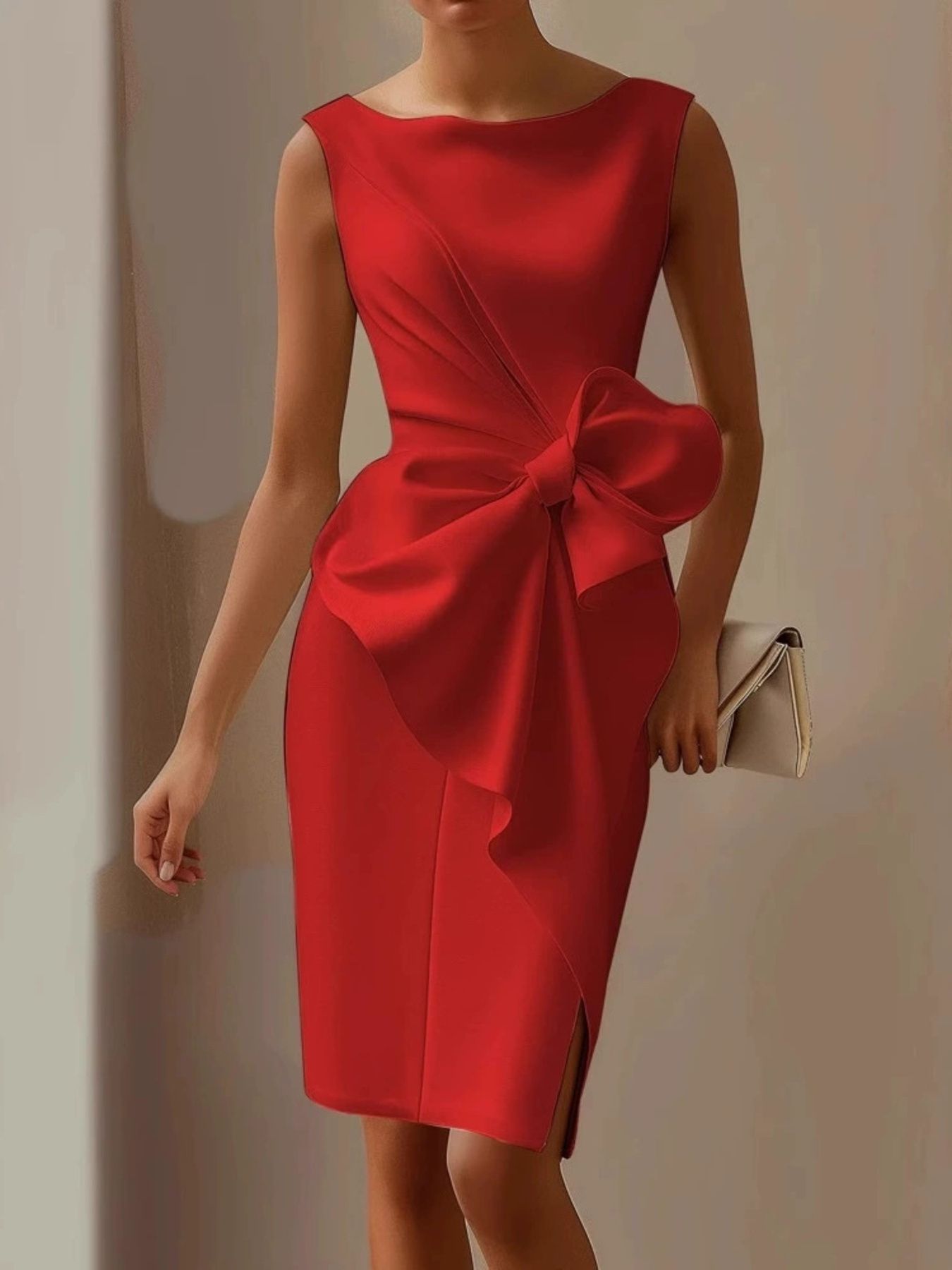 Plus-size red sleeveless dress with a front waist bowknot by Bellebijouix