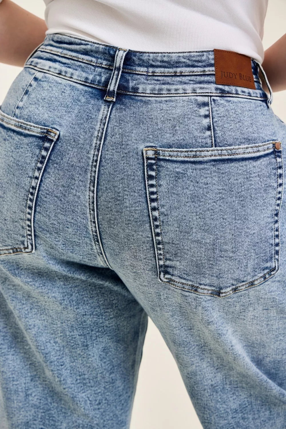 Judy Blue full-size high-waist Marlow arc leg jeans with double waistband, blue denim with back pockets and brand patch