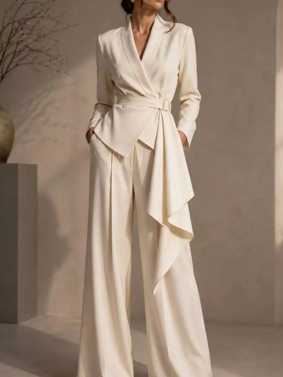 Belted Blazer and Wide-Leg Pants Set