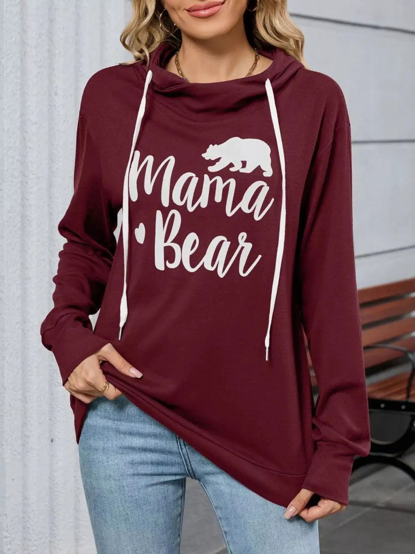 Letter Drawstring Long Sleeve Hoodie Belle Bijouix burgundy with Mama Bear graphic and white drawstrings