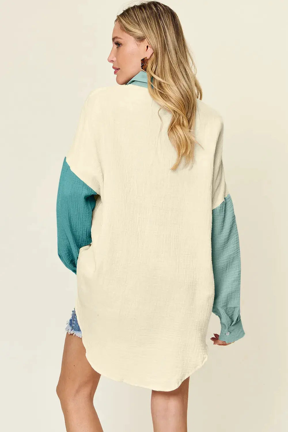 Double Take full-size pocketed texture button-up shirt in cream with teal color-block sleeves.
