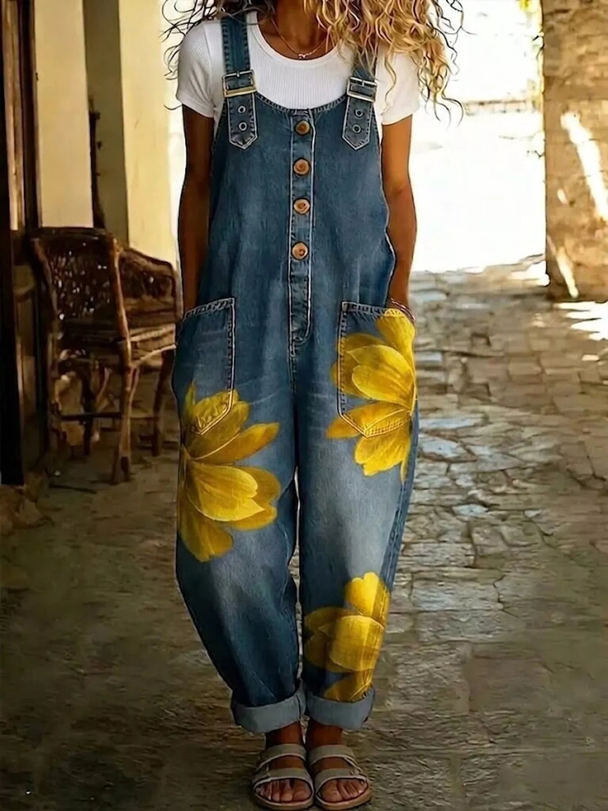 Floral Print Button Front Overalls in Large Yellow Flower by Belle Bijouix – view 8 of 9