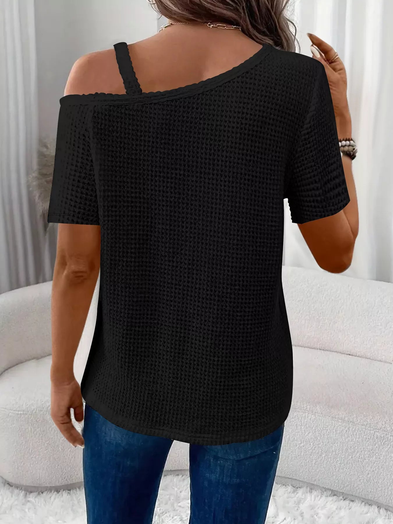One-Shoulder Chain Detail Waffle Knit T-Shirt in black by Trendsi