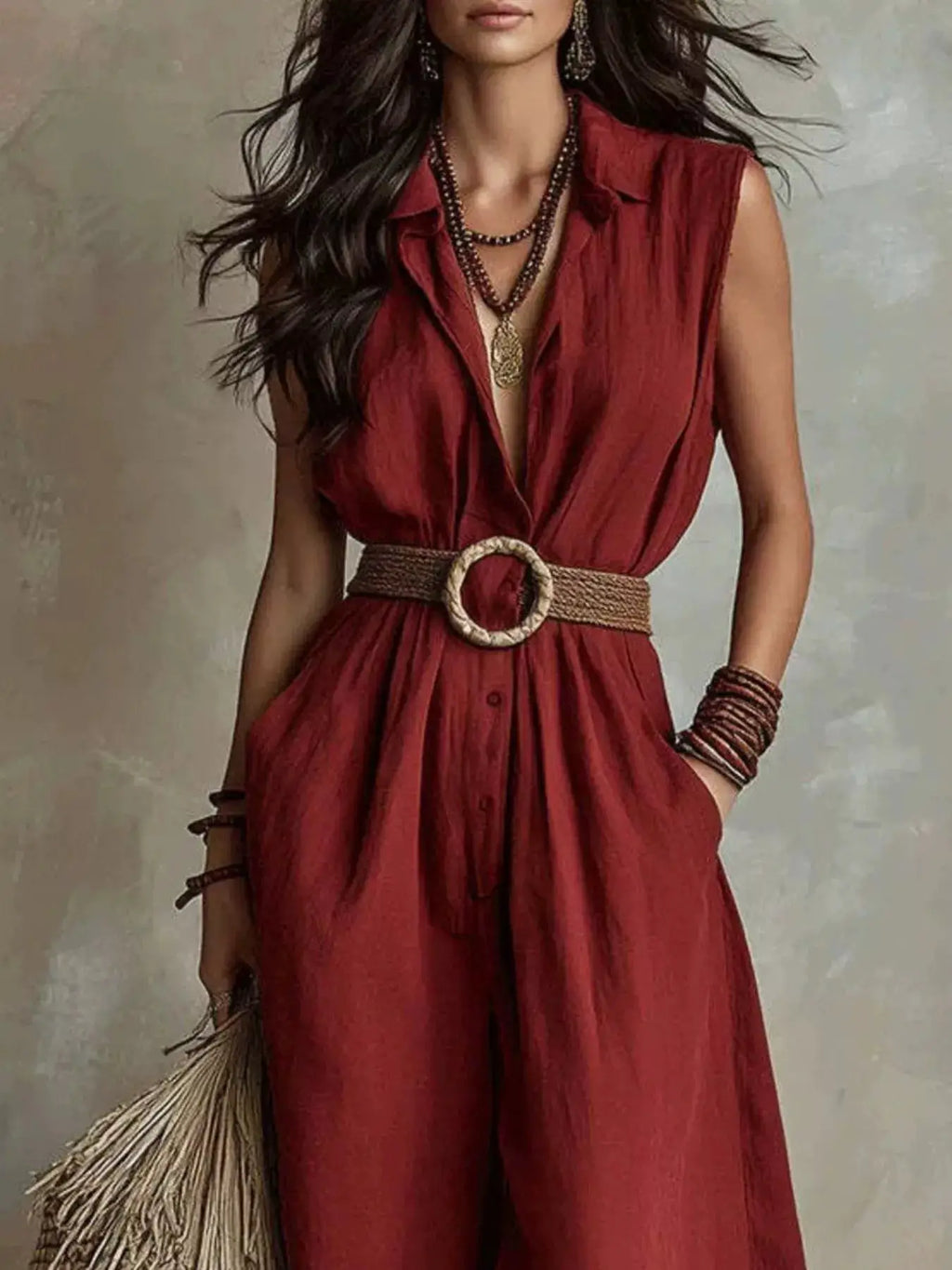 Plus Size Sleeveless Wide-Leg Jumpsuit with Pockets, burgundy, braided waist belt
