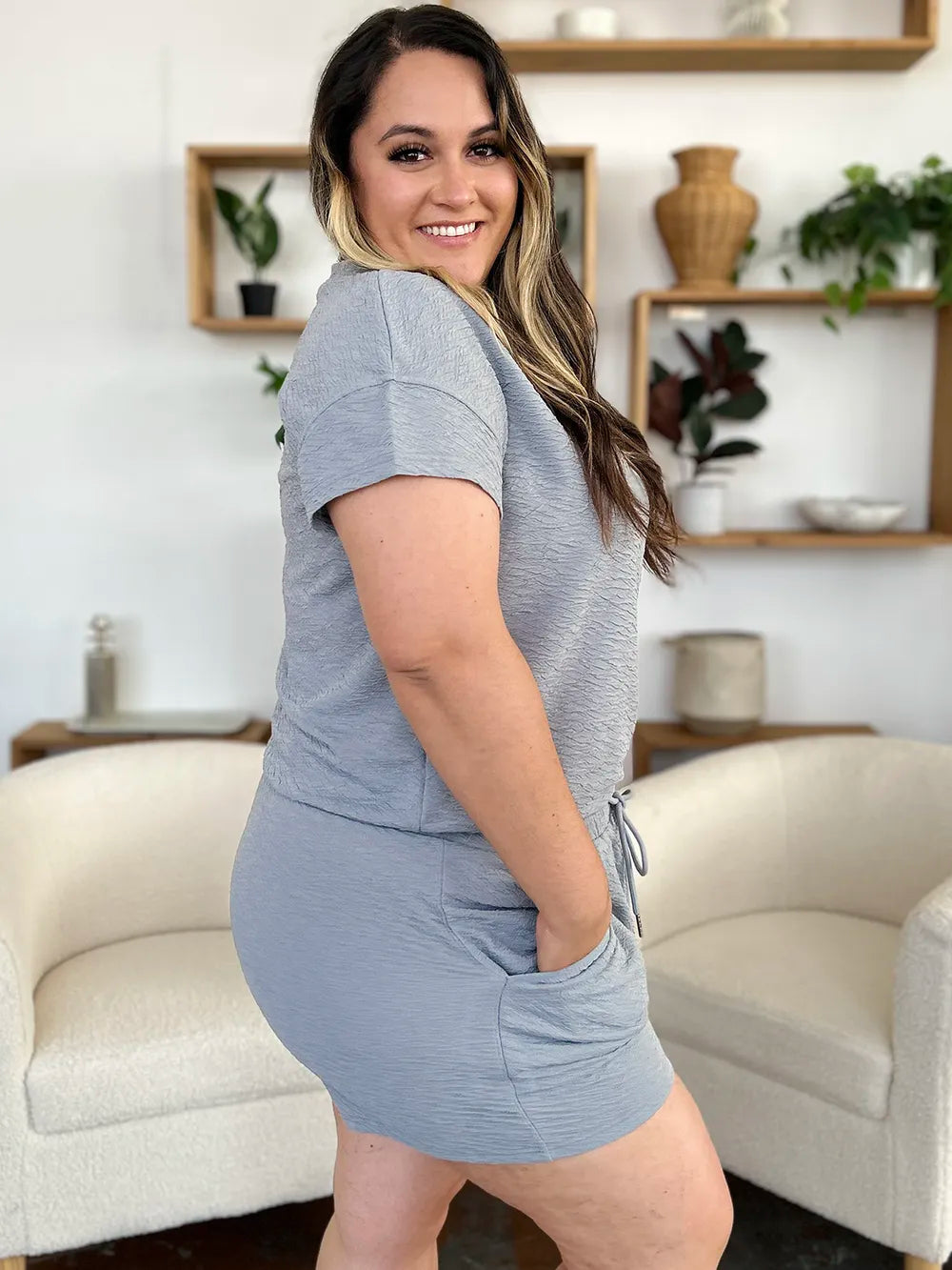 Double Take textured blue sleepwear set by Belle Bijouix with short-sleeve tee and drawstring shorts, pocketed.