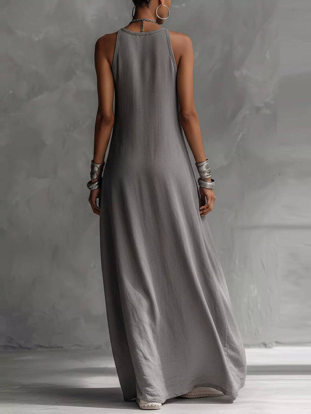 Two-Tone Sleeveless Maxi Dress by Trendsi in gray, back view.