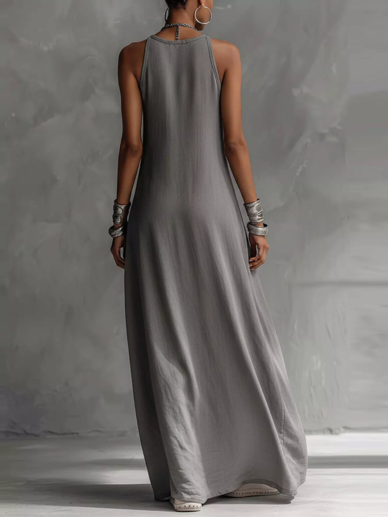 Two-Tone Sleeveless Maxi Dress by Trendsi in gray, back view.